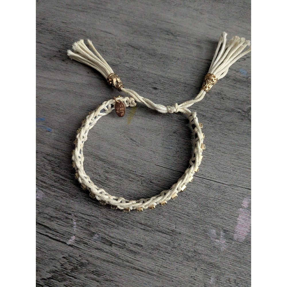 Cara NY Woven Cord Tassel Bracelet Cream Gold Tone Crystal Rhinestone Bohemian